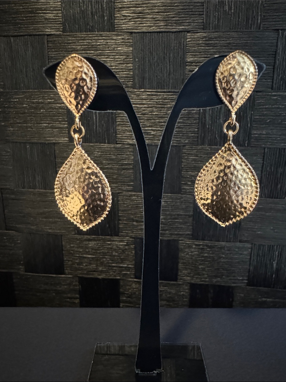 Hammered Teardrop Gold Drop Earrings - 2-Tier Dangle